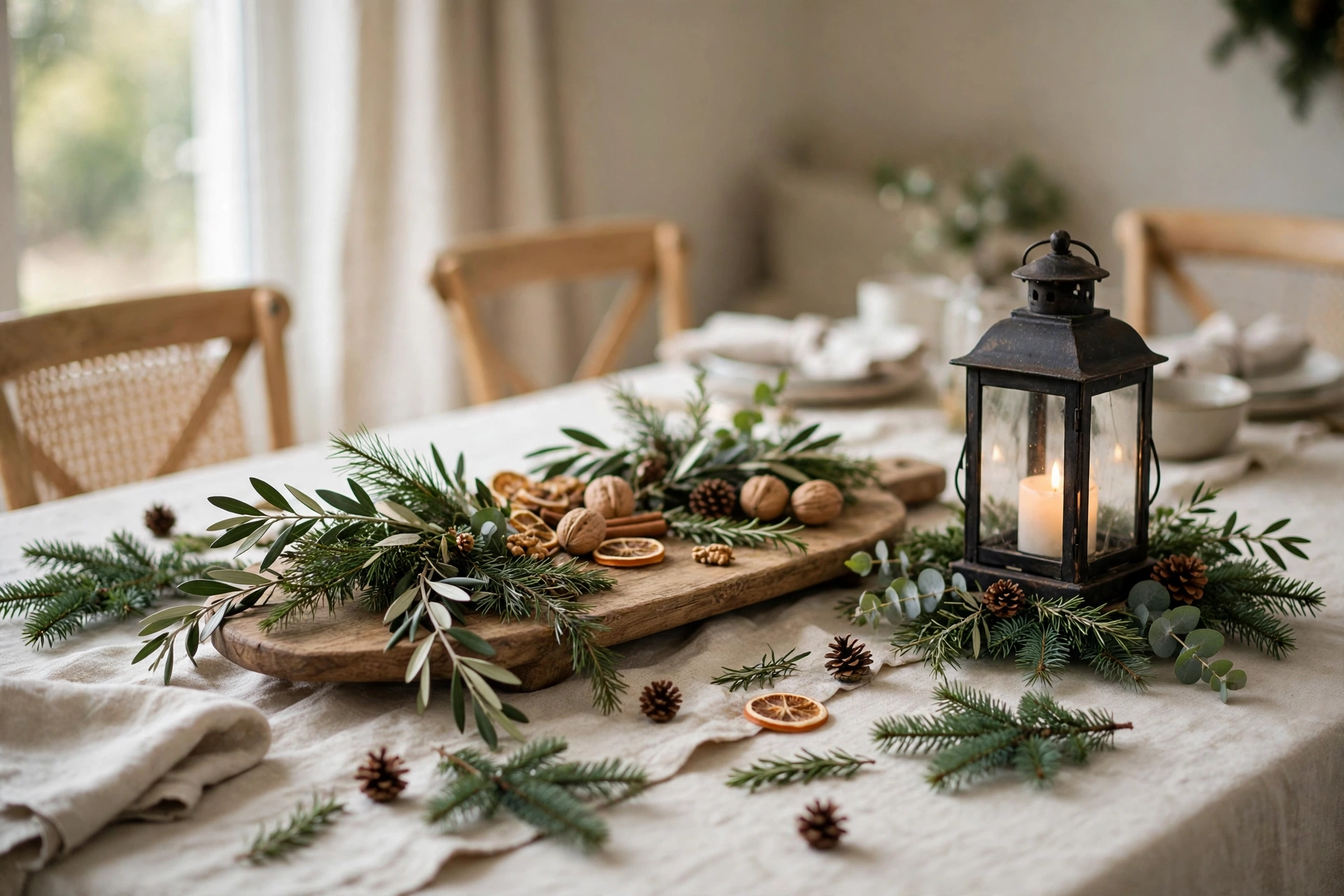 Wooden serving board styled with a lantern and greenery on a Christmas table.