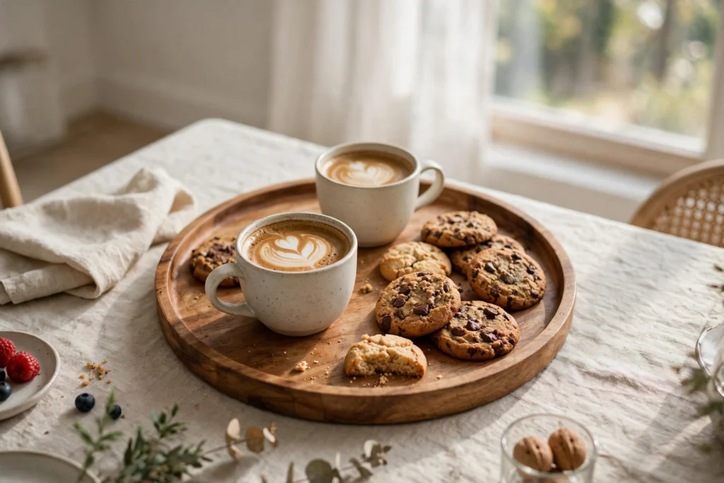 Round wooden tray holding coffee cups and cookies on a dessert table.