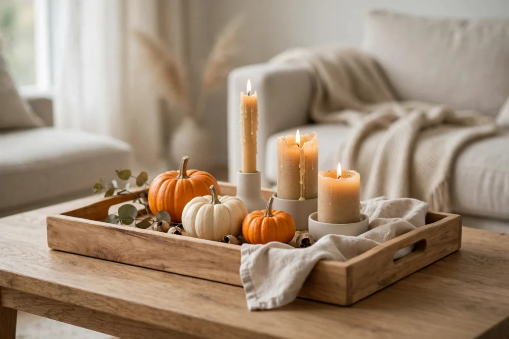 Turkey Day Decor Ideas for a Cozy Festive Home 11 Wooden serving tray with candles and small pumpkins on a coffee table.