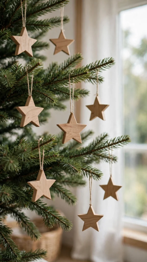 Christmas Tree Decorating Ideas for a Magical Holiday Look 20 Wooden star ornaments hanging near the front of a decorated Christmas tree