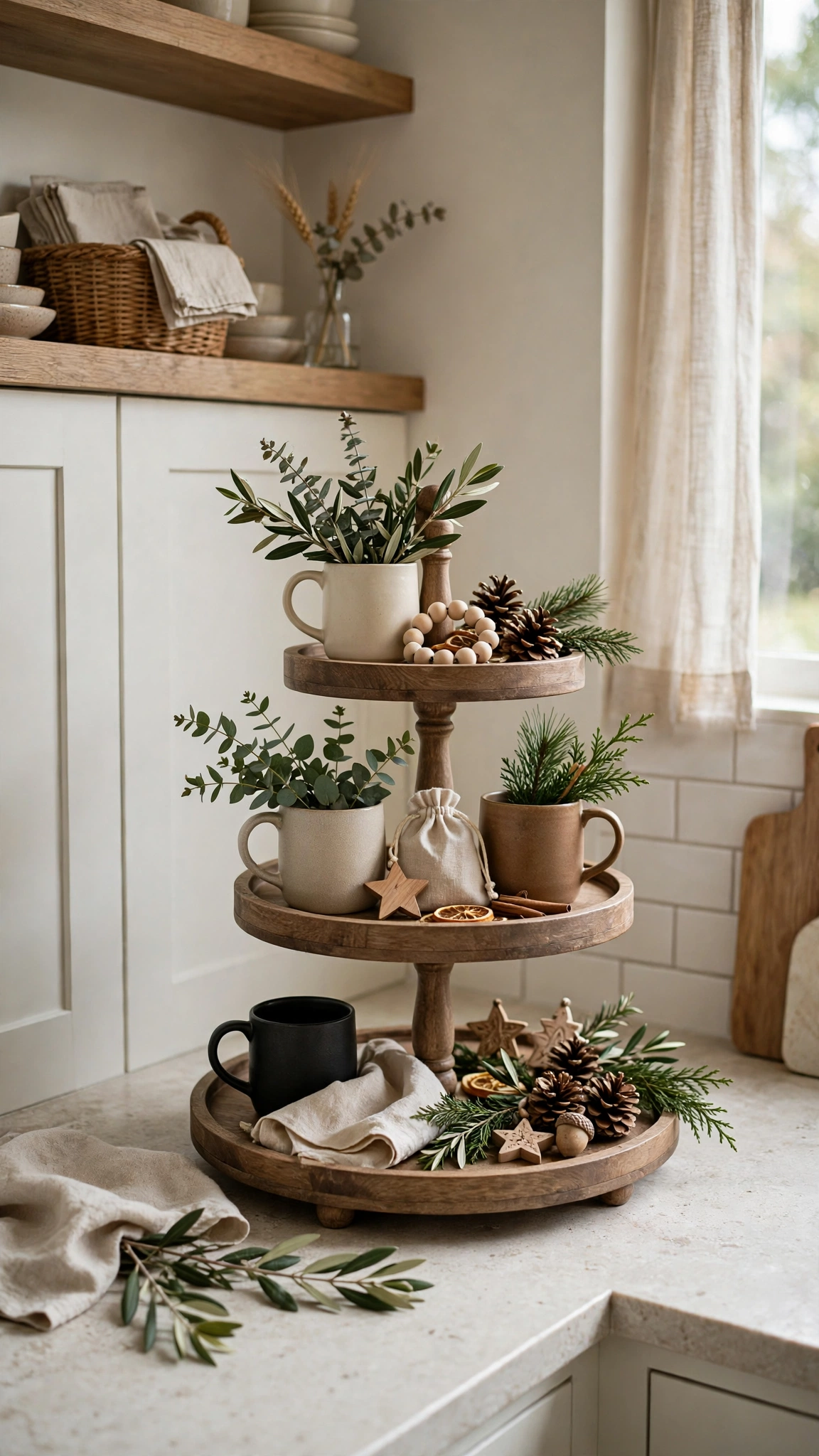 Christmas Kitchen Decor Ideas for a Festive Cozy Space 17 A wooden tiered tray with mugs, greenery, and ornaments in a kitchen corner.
