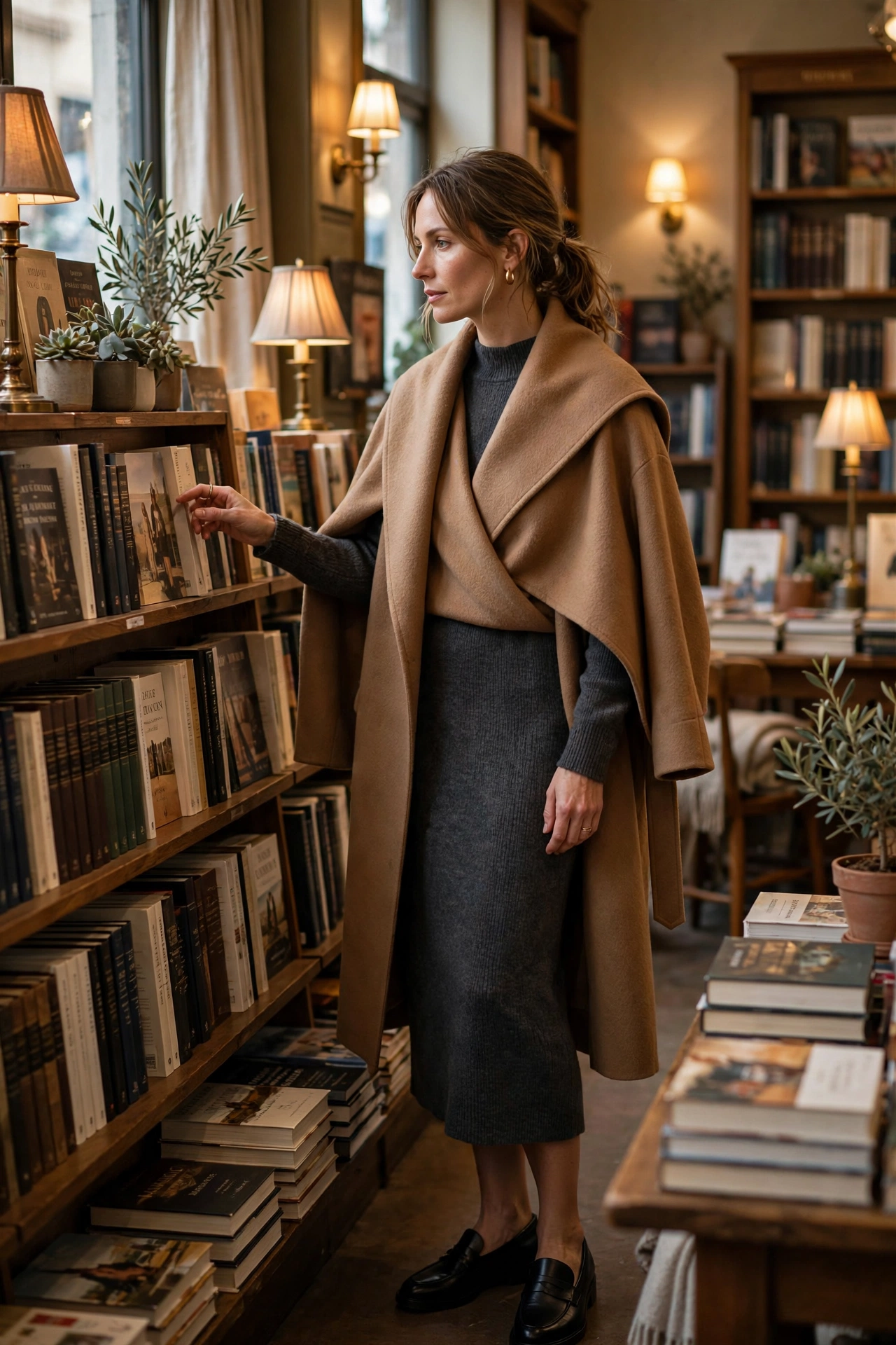 Woman in a wool wrap coat browsing books in a warmly lit bookstore.