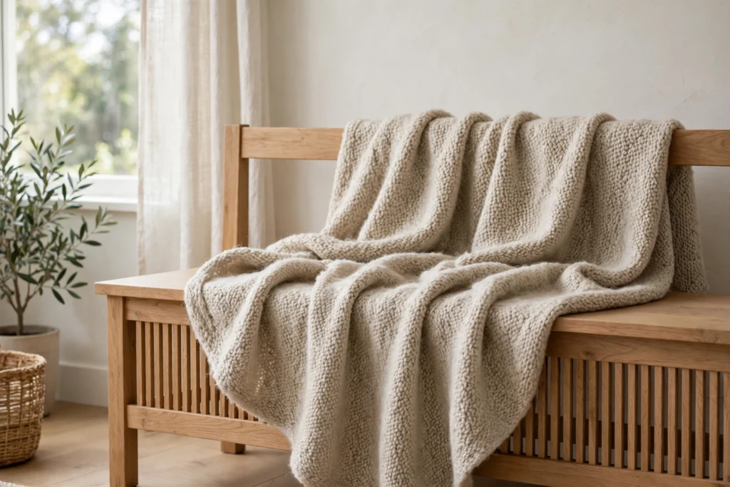 Modern Minimalist Thanksgiving Decor for a Chic Clean Table 23 Wool throw blanket draped over a dining bench in a minimalist Thanksgiving room.