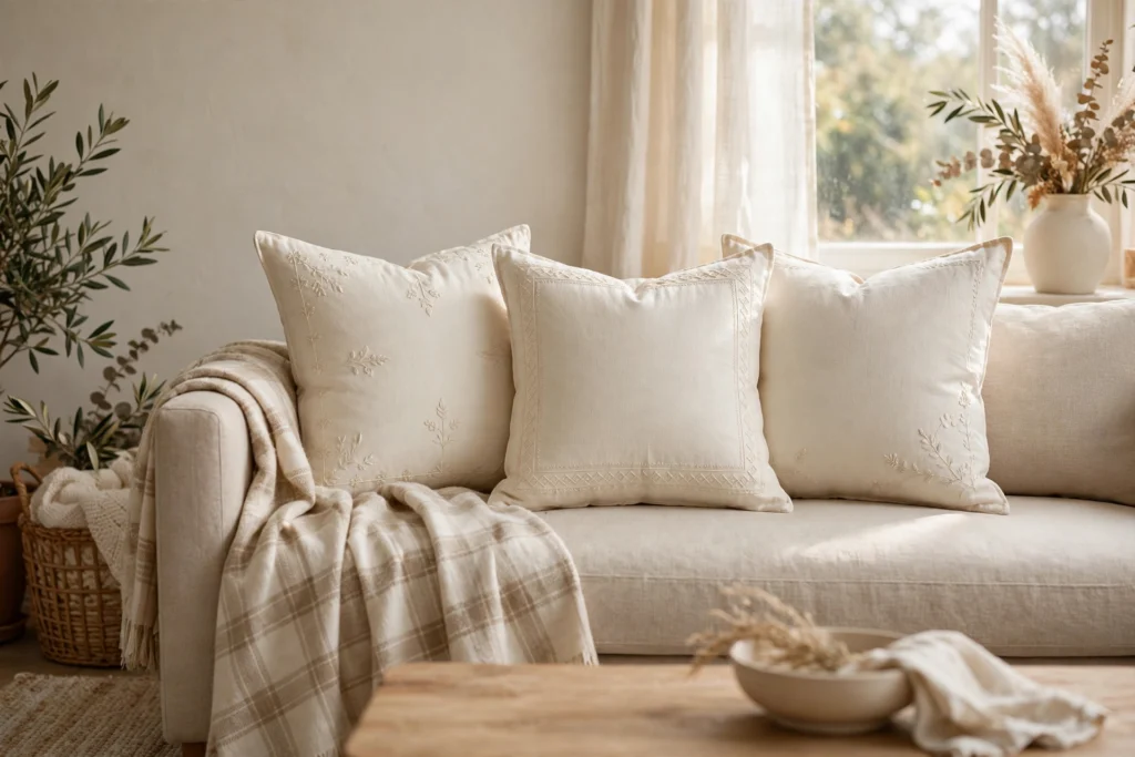 Gratitude and Thankful Themed Decor for Your Thanksgiving Home 11 Cream embroidered throw pillows on a neutral sofa with plaid throw