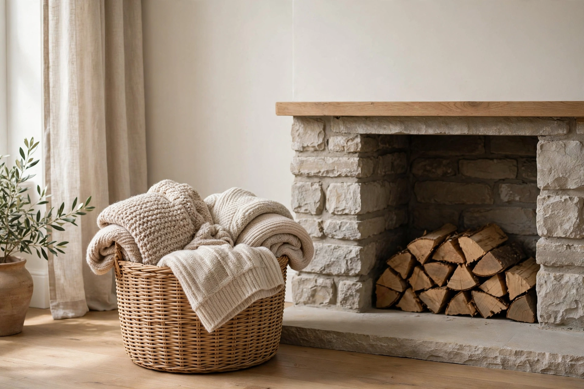 Woven basket with cozy blankets placed beside a fireplace hearth.