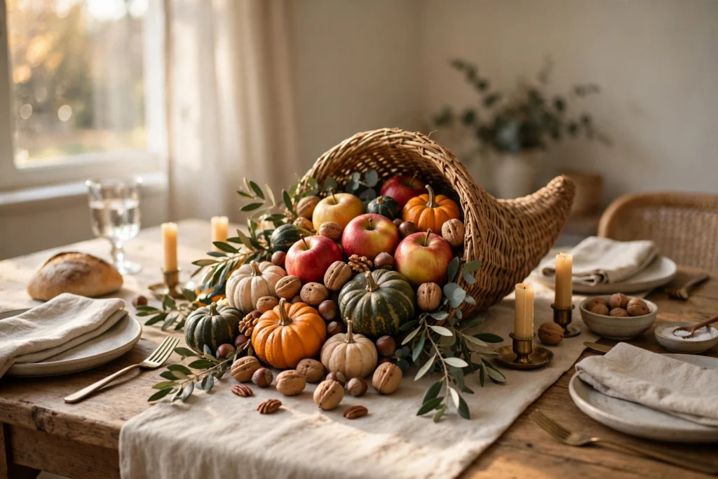 Cornucopia Decor Ideas for a Traditional Thanksgiving Table 2 Woven cornucopia centerpiece overflowing with gourds and apples on a Thanksgiving dining table
