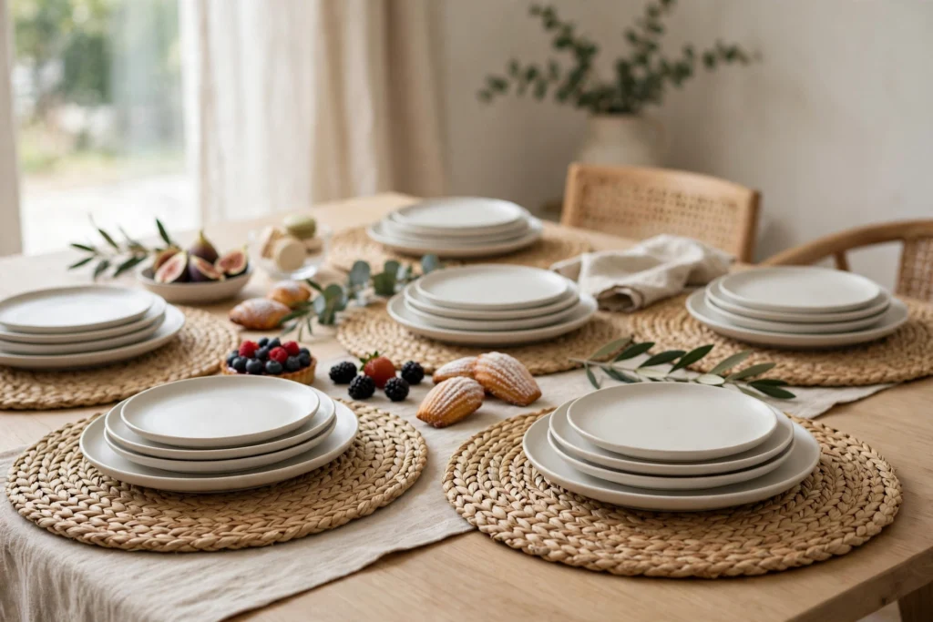 Round seagrass placemats layered under plate stacks on a dining dessert table.