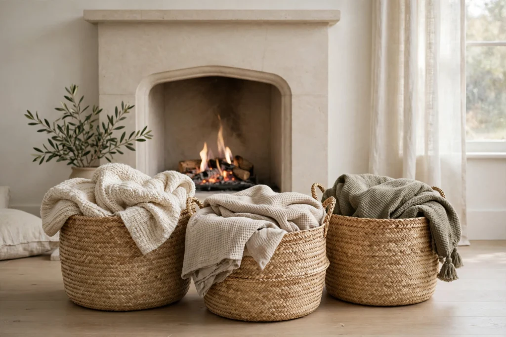 Rustic Thanksgiving Decor for a Warm Cozy Harvest Feel 11 Woven seagrass baskets holding throws beside a cozy rustic fireplace.