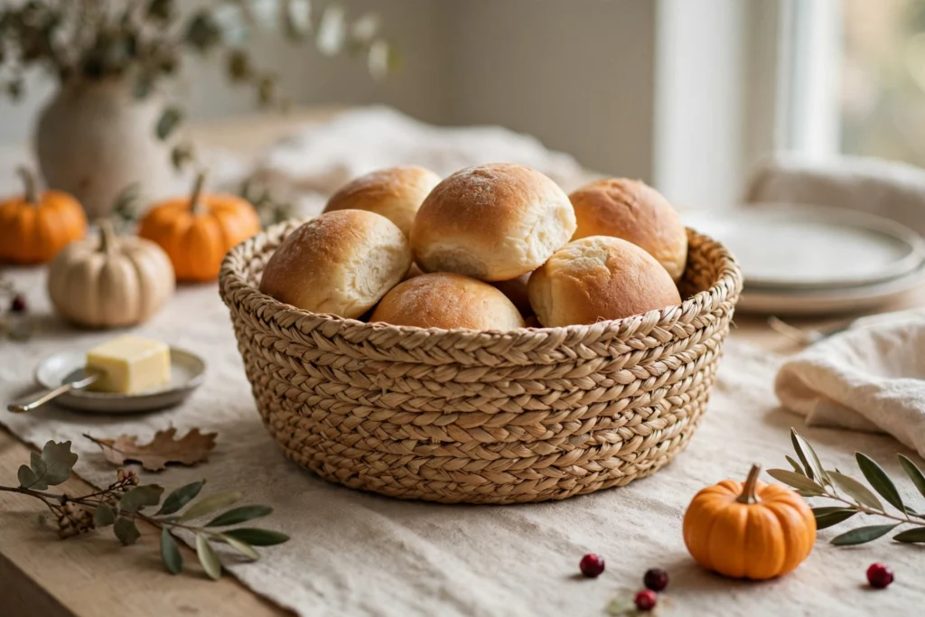 Modern Minimalist Thanksgiving Decor for a Chic Clean Table 15 Woven seagrass bread basket with rolls lined in linen on a holiday table.
