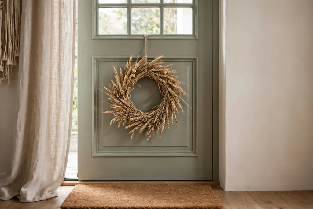 Turkey Day Decor Ideas for a Cozy Festive Home 8 Woven wheat wreath hanging on a front door in warm soft daylight.