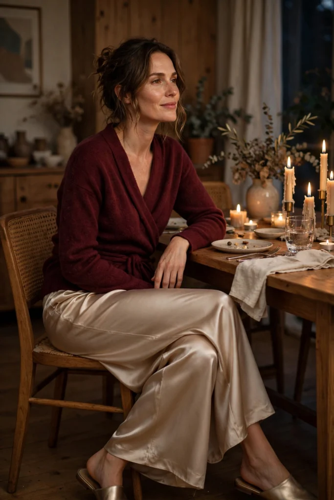 Turkey Day Outfit Ideas for a Festive Casual Look 16 Woman lingering at the table in a wrap sweater and satin pants after dinner.